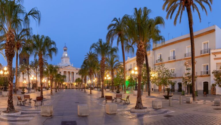The central square of San Juan de Dios in Cadiz, Spain, at dawn