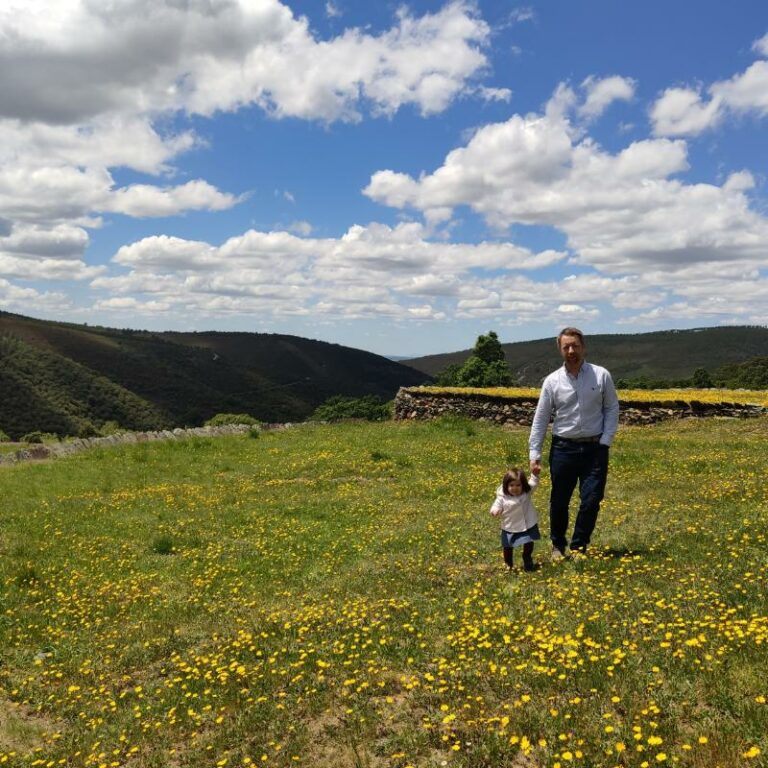 Matthew Hulland with his daughter at Las Eras in the village of monsagro in the Sierra Francia mountains