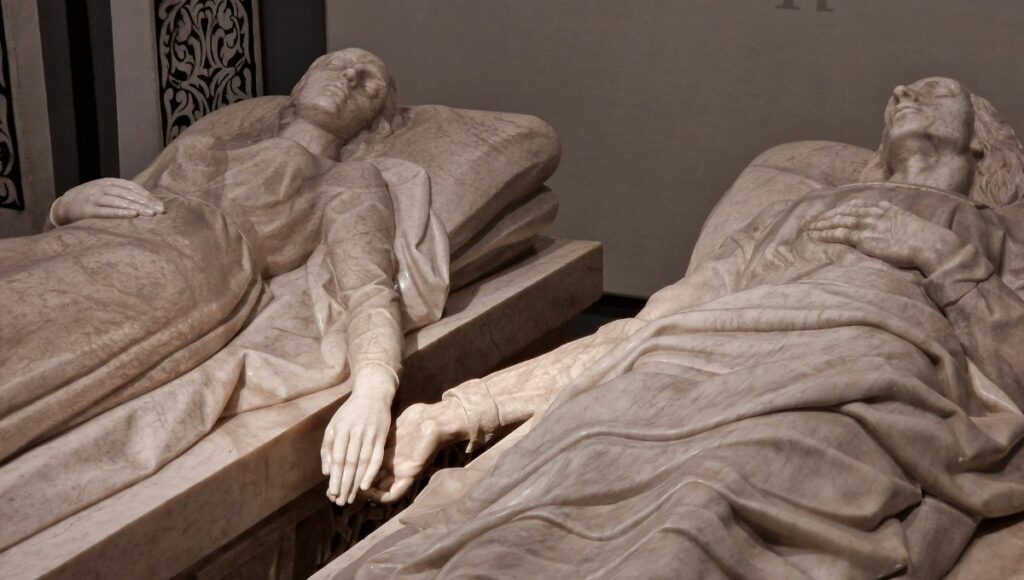 The pair of tombs that contain the mummified bodies of the legendary “Lovers of Teruel.” in the Mausoleum of the Amantes, Teruel, Aragon