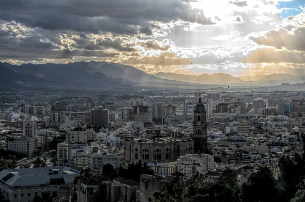 The Malaga skyline with the cathedral dominating and the mountains in the background