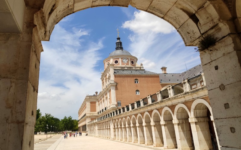 The San Antonio de Padua Church in the small royal town of Aranjuez in the Community of Madrid framed by an archway