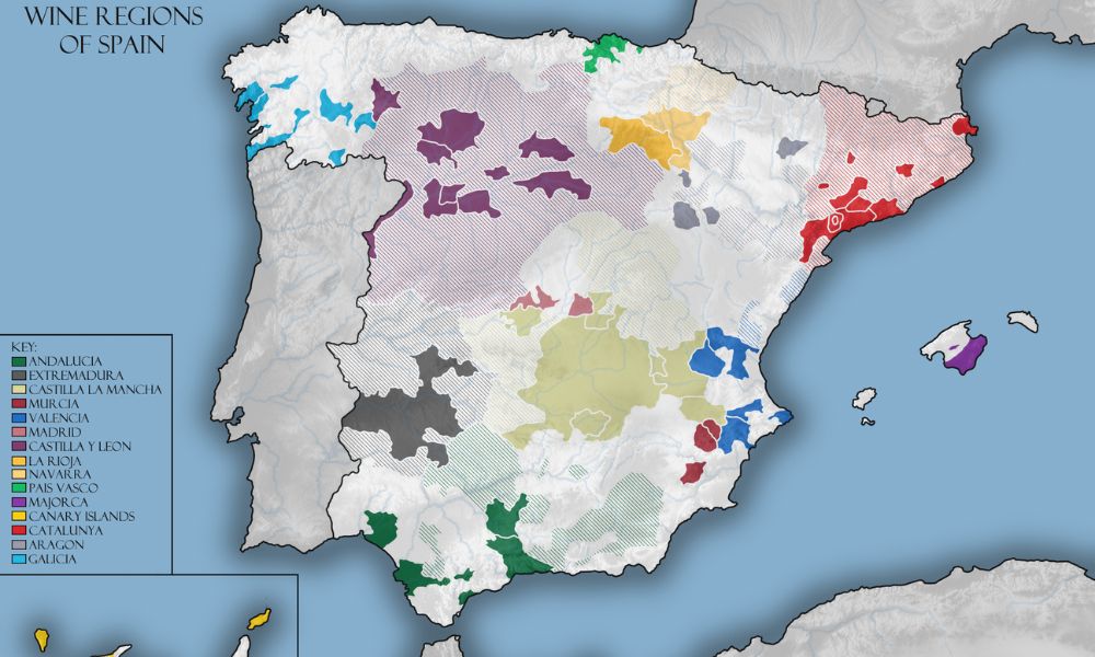 A map showing the key wine regions of Spain