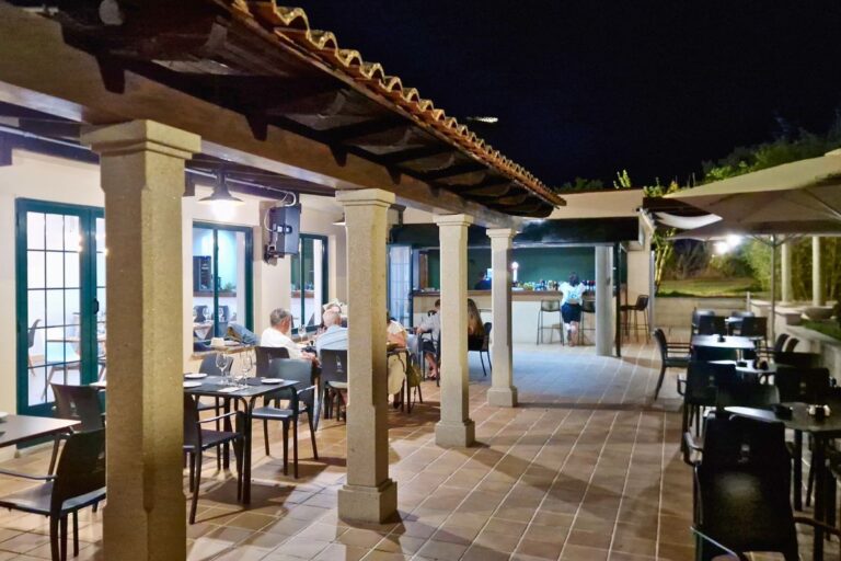 Outdoor dining area at La Luna Terraza Aldeadávila, featuring tables, chairs, and patrons enjoying a night under a tiled roof and columns.